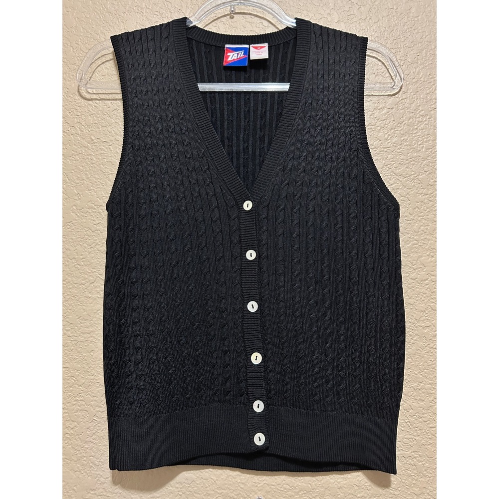 Tail M Black Silk Cable Knit Button Front V-Neck Cardigan Vest Preppy Academia